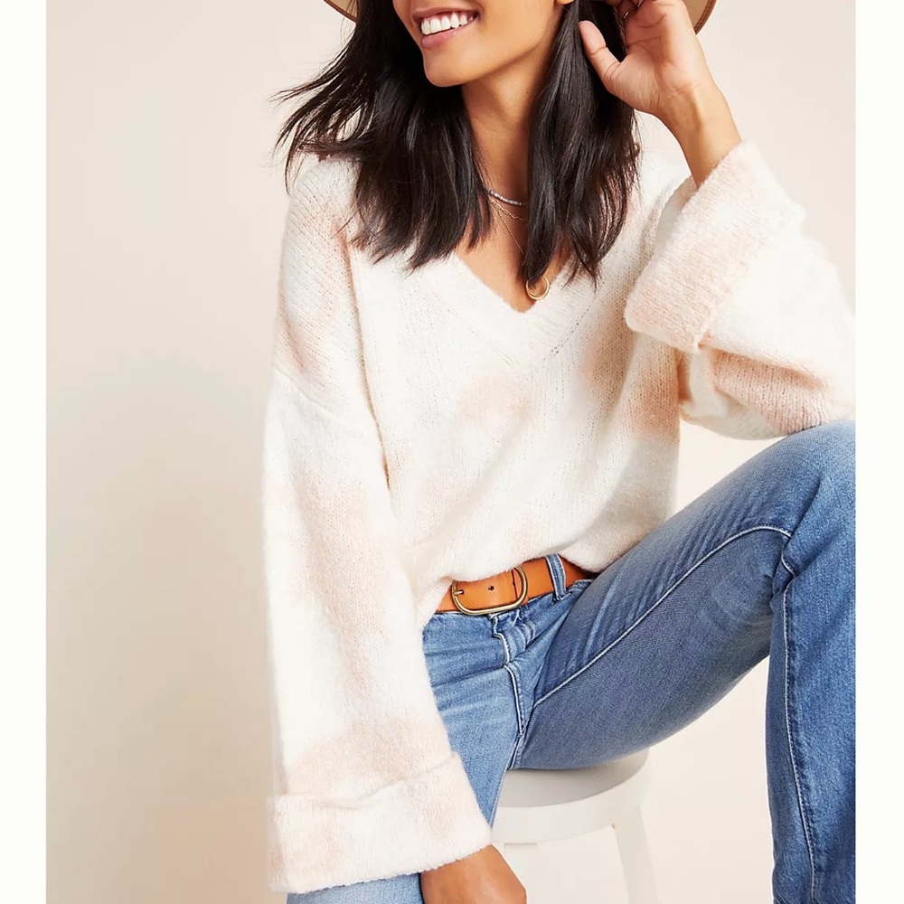 Anthropologie Maggie Bell-Sleeved V-Neck Wool Oversized Sweater, Cream & Pink  M